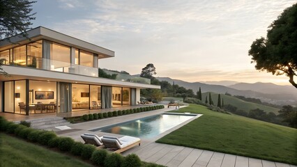 Modern luxurious home on the waterfront at dusk with showcasing sleek design for contemporary architecture lifestyle elegance and exclusive real estate concept.