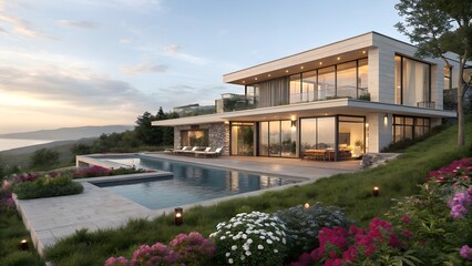 Modern luxurious home on the waterfront at dusk with showcasing sleek design for contemporary architecture lifestyle elegance and exclusive real estate concept.