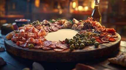 Gourmet charcuterie board with olives, meats, and spices, warm lighting.