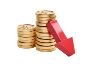Gold coins stacked, red arrow pointing down