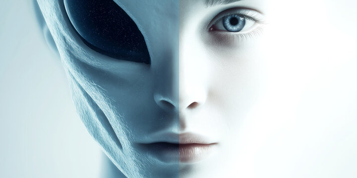 Alien And Human Hybrid Face Symbolizing Unity And Coexistence
