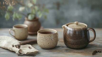 Rustic tea ceremony still life with speckled ceramic cups and teapot on wooden table