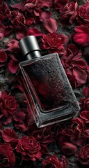Dark red perfume bottle amongst rose petals