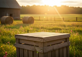 Rustic Wooden Crate Podium in Sunny Farm Field at Sunset with Hay Bales and Barn Background.