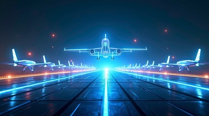 A front view of a digital wireframe airplane on a virtual runway concept of aviation technology and innovation