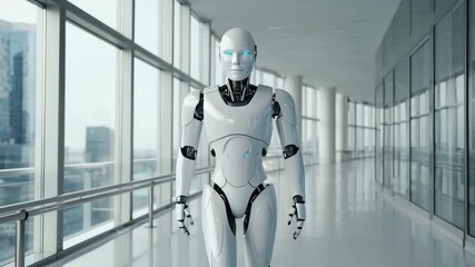 Futuristic humanoid robot walking confidently inside a modern office building with panoramic city views, symbolizing advanced technology and innovation - Powered by Adobe