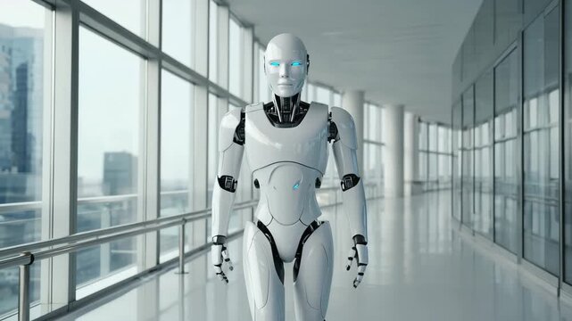 Futuristic humanoid robot walking confidently inside a modern office building with panoramic city views, symbolizing advanced technology and innovation