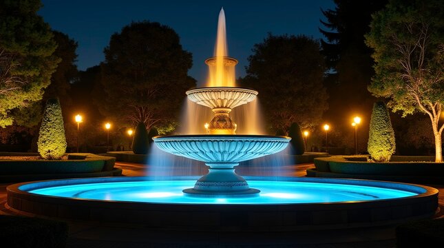 A large fountain with a blue light shining on it 3d render