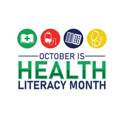 October is Health Literacy Month Education and Awareness. Vector web banner, background, poster, postcard, template design.