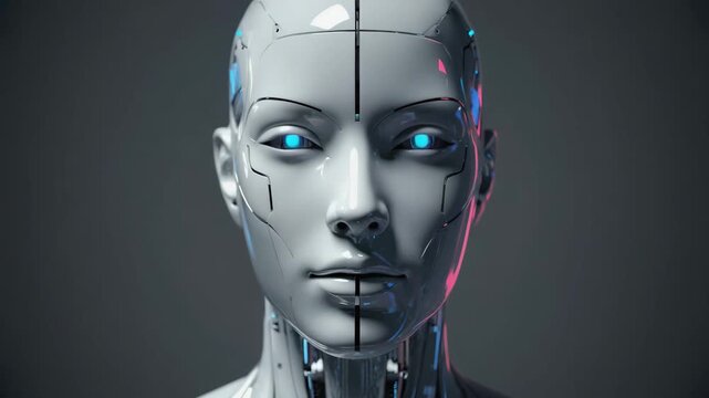 Futuristic humanoid robot with glowing blue eyes staring intently against a dark background in a conceptual technology portrait