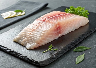 A raw salmon fillet on a wooden board with a slice of lemon and fresh herbs