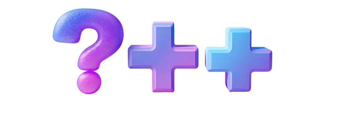 Question mark and plus signs in vibrant gradient colors