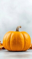Bright orange autumn pumpkin on light neutral background with dry fall leaves scattered around, clean vertical banner with copy space ideal for thanksgiving, harvest or product ads