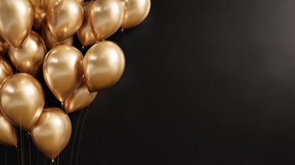 Festive gold balloon bunch against black wall background for birthday celebration, party decoration, and anniversary event horizontal banner