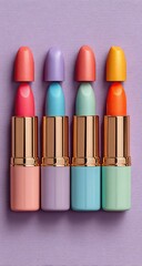 Obraz premium Four pastel lipsticks, open, showcasing vibrant colors against a soft purple background