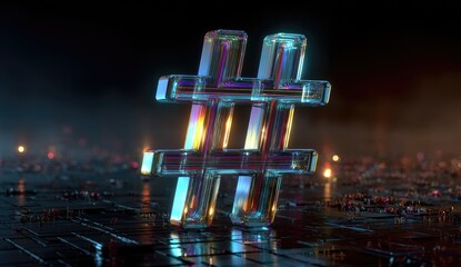 Holographic hashtag symbol on dark tech floor