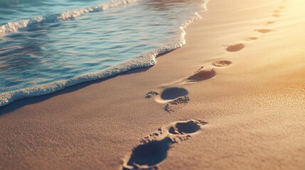 Footprints in the sand leading to the ocean's edge at sunset