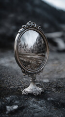 Reflective mirror showcasing a surreal landscape