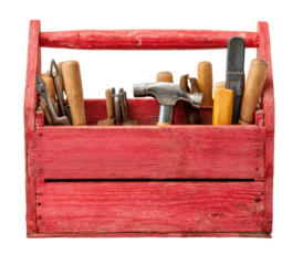 Red wooden toolbox filled with assorted tools (2)