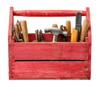 Red wooden toolbox filled with assorted tools (2) - Powered by Adobe