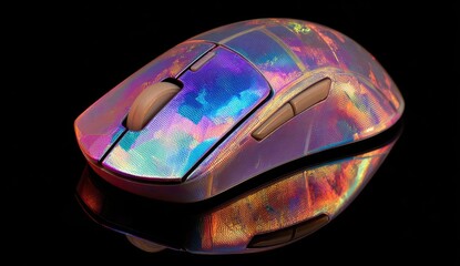 Colorful iridescent computer mouse, reflected on black surface