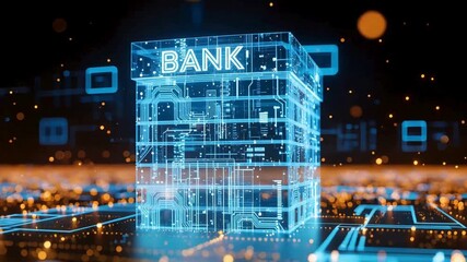 Dynamic digital bank building glows with futuristic circuit board patterns, representing global finance and technology in a modern abstract concept. - Powered by Adobe