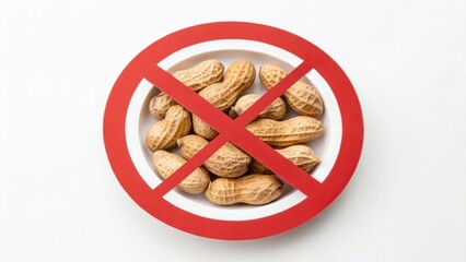 Fototapeta premium Dietitian Services No peanuts allowed sign with a plate of peanuts inside a red circle and slash symbol.
