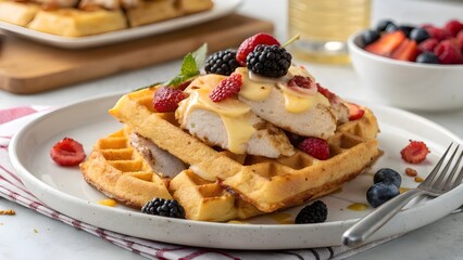 Delicious Classic Chicken And Melted Cheese Breakfast Waffle Topped With Fresh Berries, Golden And Crispy, Served On A Stylish Plate With Morning Light For Food Lovers