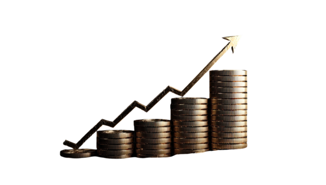 Gold coins stacked in a graph, showing a rising trend