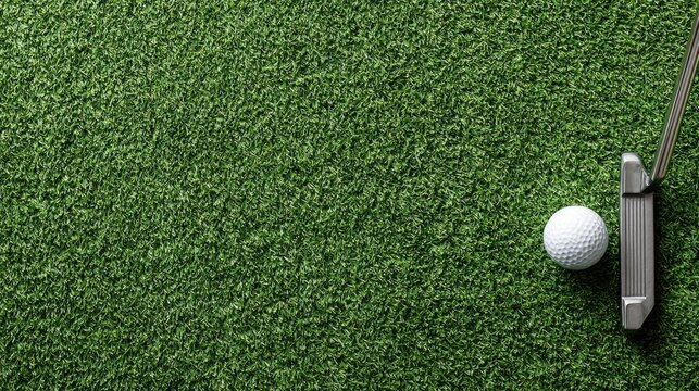 Overhead Golf Putter and Ball on Green Grass: Turf Texture Sports Still Life Men's Leisure Ad