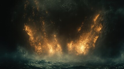 Fototapeta premium Fiery inferno over dark ocean waves at night