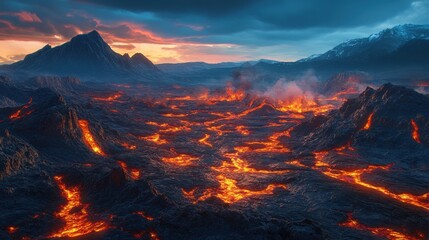 Fiery lava flows through a volcanic landscape under a dramatic sunset sky