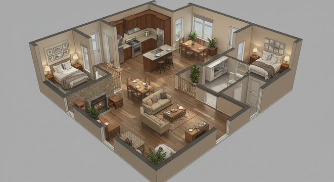 Cozy modern home interior with fireplace, two bedrooms, and open living space - Powered by Adobe