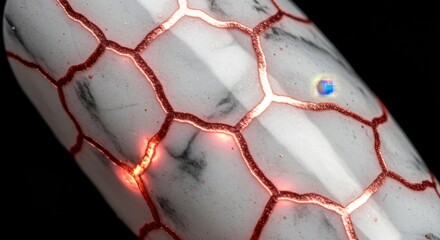 Abstract Macro Shot of a White Marble Surface with Red Veins and a Blue Highlight