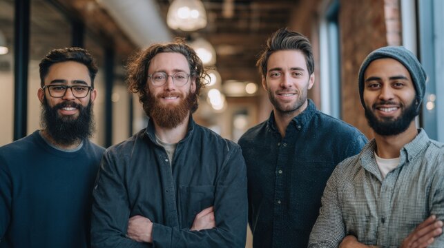 Four diverse men stand together in a modern office space. They have varying hairstyles and facial hair. The atmosphere is casual and collaborative.