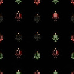 Kwanzaa Kinara Pattern. Seamless design with kinara candles in red green black on dark festive background