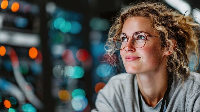 A female engineer stands confidently in a modern data center
