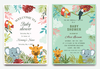 Cute baby shower invitation with safari animals, giraffe, elephant, toucan, and tropical leaves.