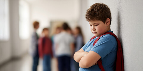 Sad schoolboy with backpack standing alone in hallway