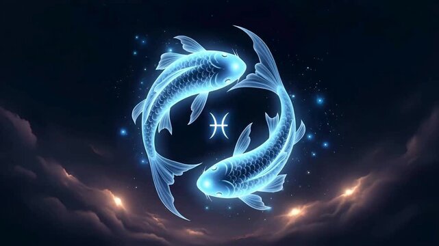 Mystical Pisces zodiac symbol with glowing blue fish swimming in a starry night sky with dramatic clouds