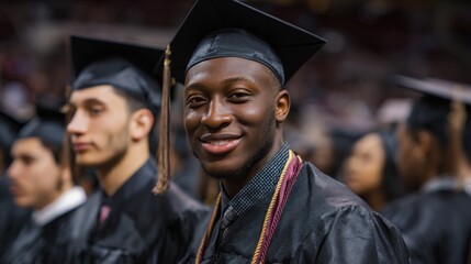 A young African man smiles while wearing a graduation cap and gown. He stands among diverse graduates in a ceremony setting.
