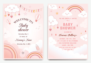 Cute baby shower invitation with safari animals, giraffe, elephant, toucan, and tropical leaves.