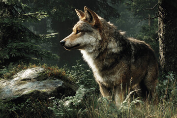 Obraz premium A close-up of a gray wolf standing in a forest.