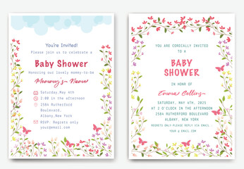 Cute baby shower invitation with safari animals, giraffe, elephant, toucan, and tropical leaves.