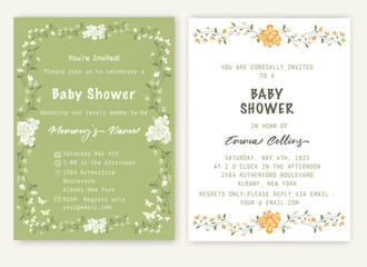 Cute baby shower invitation with safari animals, giraffe, elephant, toucan, and tropical leaves.