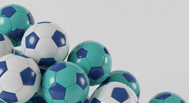 Vibrant collection of soccer balls in dynamic teal and blue, ready for exciting play and sports promotion