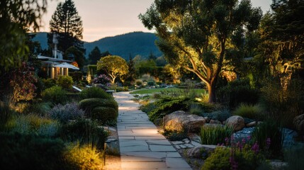 Fototapeta premium A serene garden pathway illuminated by soft lights at dusk. Lush greenery, rocks, and trees line the walkway, creating a peaceful atmosphere.