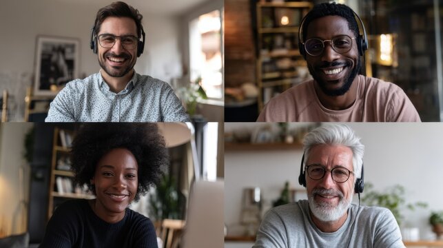 Four diverse individuals engaged in a video call. A young Caucasian man with glasses, a middle-aged Black man, a young Black woman with curly hair, and a senior Caucasian man with a beard.