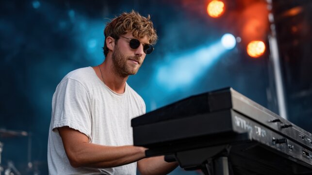 A young Caucasian man with curly blond hair plays a keyboard on stage during a live music performance. Colorful stage lights illuminate the background.