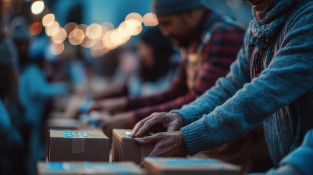 People wrapping boxes at a festive outdoor market. Soft lights create a warm atmosphere. Diverse group of adults engaged in gift preparation.